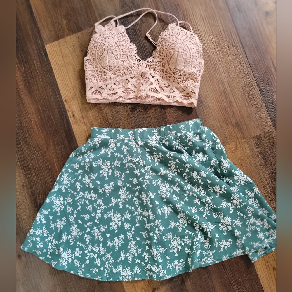 Floral Green Skirt and Pink Lace Bralette Set